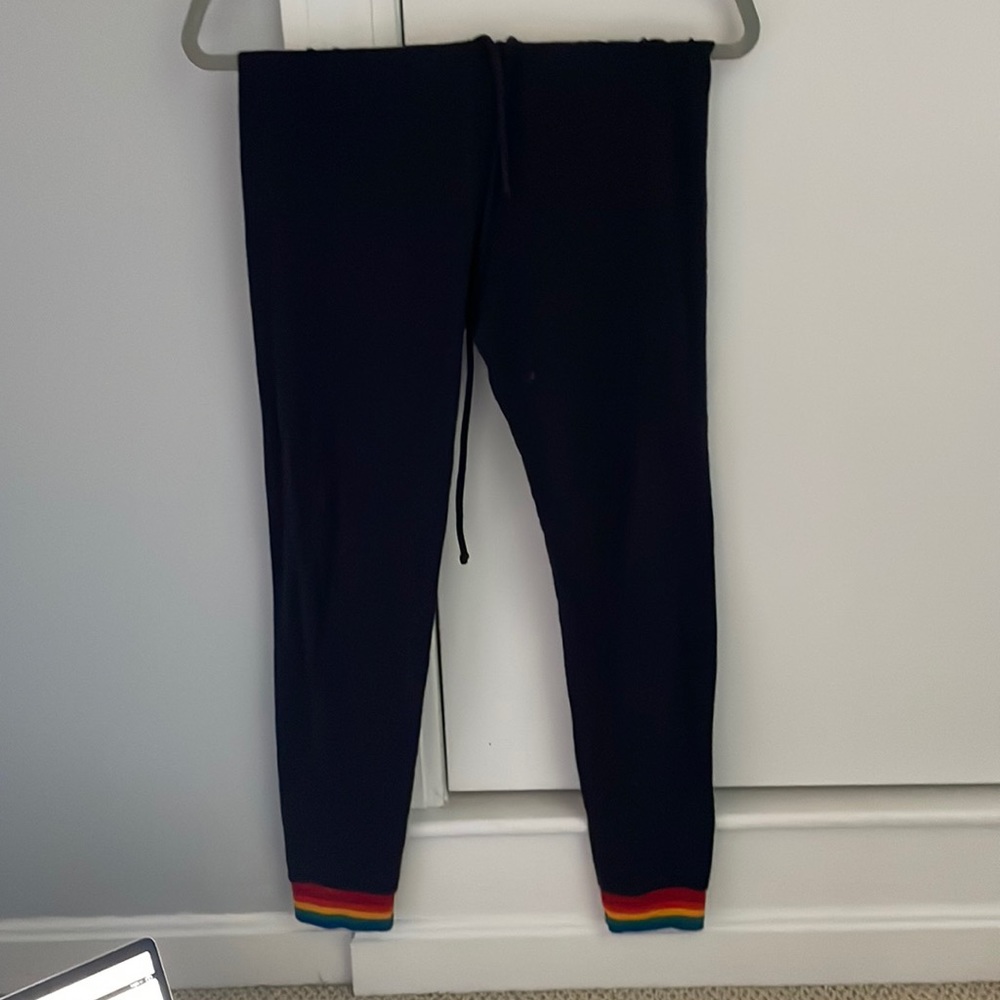 MONROW Navy blue womens jogger sweatpants with rainbow ankle